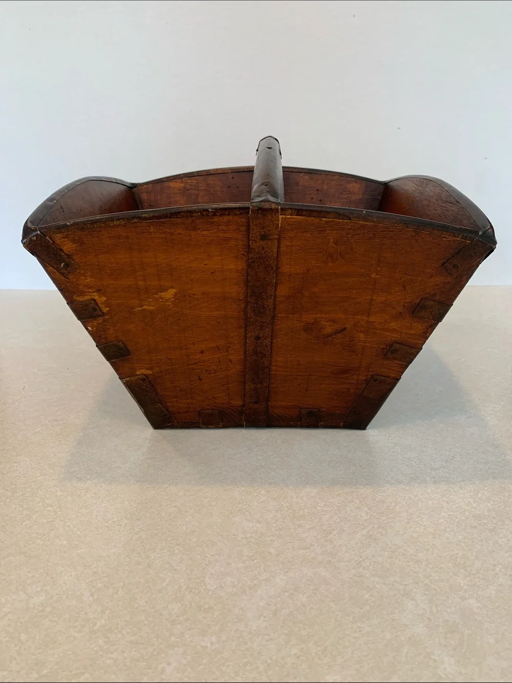 Oriental Asian Wood Rice/Harvest Style Basket with Metal Straps